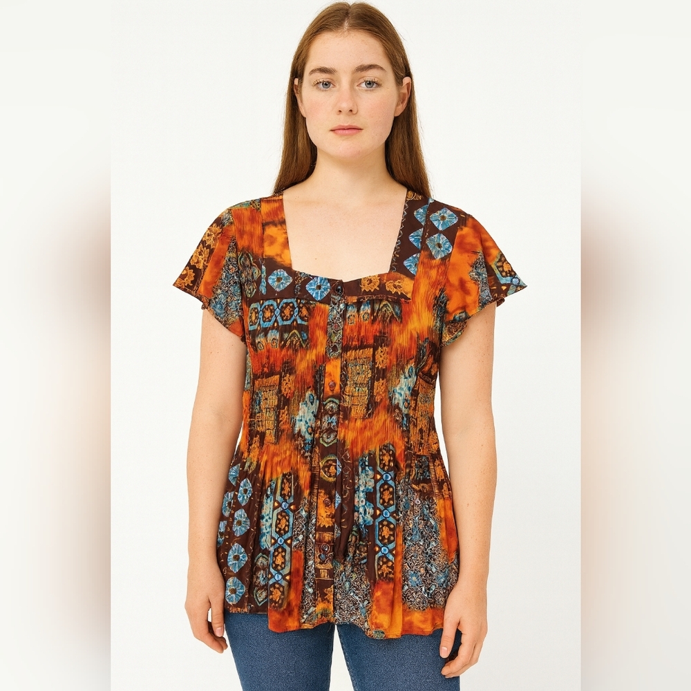 Sere Nade New York Button Front Top Size XL Boho Artsy Flutter Sleeve Colorful